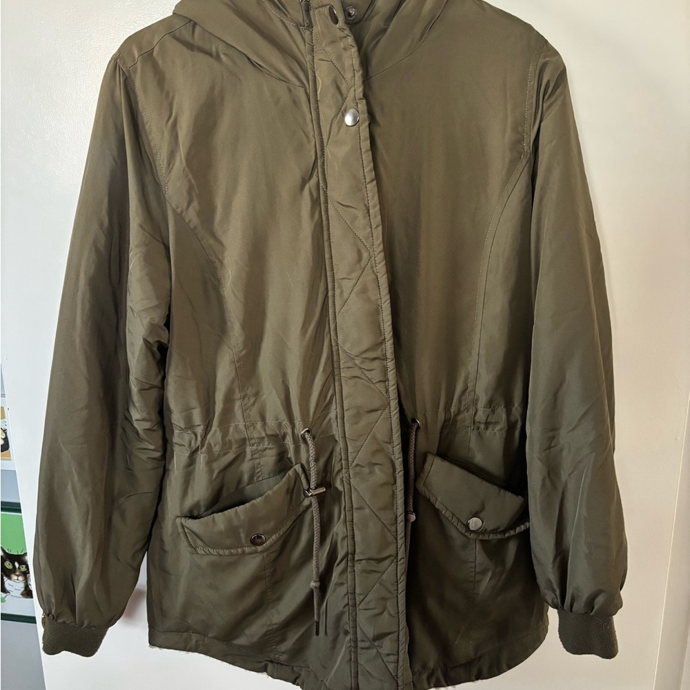 Reversible Olive Green Hooded Field Jacket with Drawcord Waist Bohemian Fall